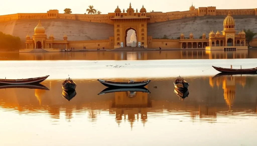 Gadisar Lake at sunrise with temples reflected in the water and boats moored at the shore Gadisar Lake at sunrise with temples reflected in the water and boats moored at the shore