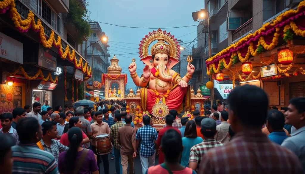 Ganesh Chaturthi celebration in Mumbai with large colorful Ganesh idol procession and crowds of devotees