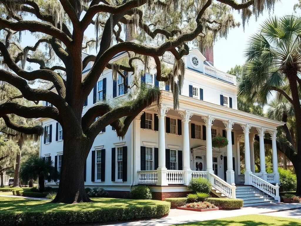 Garden District in New Orleans showing a historic mansion with columns and oak trees
