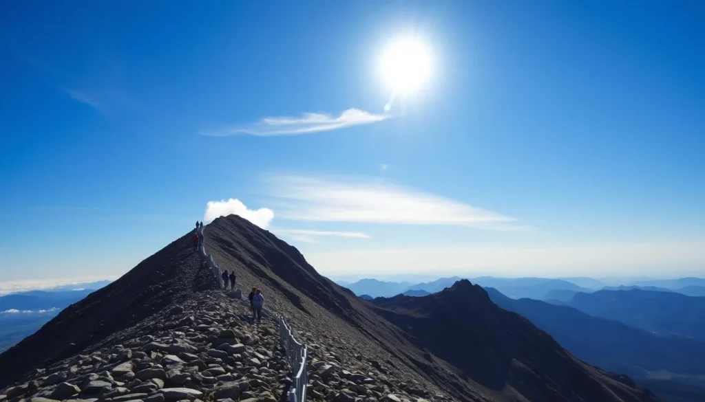 Gaustatoppen mountain, a majestic peak in Telemark, Norway, stands tall against a clear blue sky. The steep, rocky trail winds its way up the mountainside, offering breathtaking views of the surrounding landscape. Sunlight filters through wispy clouds, casting a warm glow over the rugged terrain. In the foreground, hikers ascend the trail, their determined steps echoing through the serene alpine environment. The middle ground reveals the dramatic, jagged ridges of the mountain, while the distant background fades into a hazy horizon. Capture the essence of this challenging, yet rewarding hiking route to Gaustatoppen's summit.