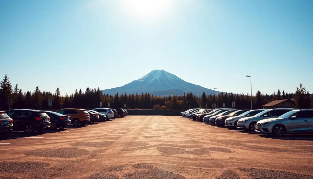 Gaustatoppen parking lot on a sunny day, with the majestic mountain peak towering in the background. The parking area is well-organized, with clearly marked spaces and directional signage. Vehicles of various sizes, from compact cars to SUVs, are neatly arranged, suggesting ample space for visitors. The lighting is warm and natural, casting long shadows that add depth and dimensionality to the scene. The foreground features a well-maintained gravel surface, while the middle ground showcases the parking lot's perimeter, lined with trees and vegetation that blend seamlessly with the surrounding landscape. In the distance, the iconic Gaustatoppen mountain stands tall, its rugged, snow-capped peaks creating a striking contrast against the clear, blue sky.
