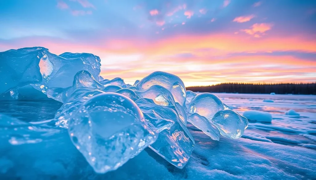 Generate an image of Abraham Lake's ice bubbles