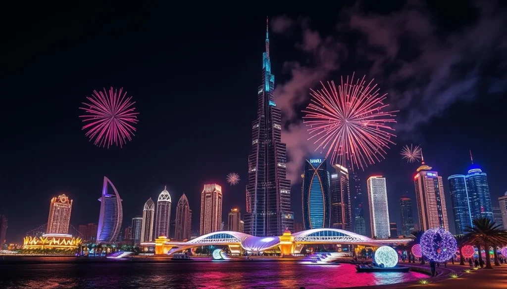 Generate an image of Abu Dhabi's skyline during Eid celebrations with fireworks and decorations.