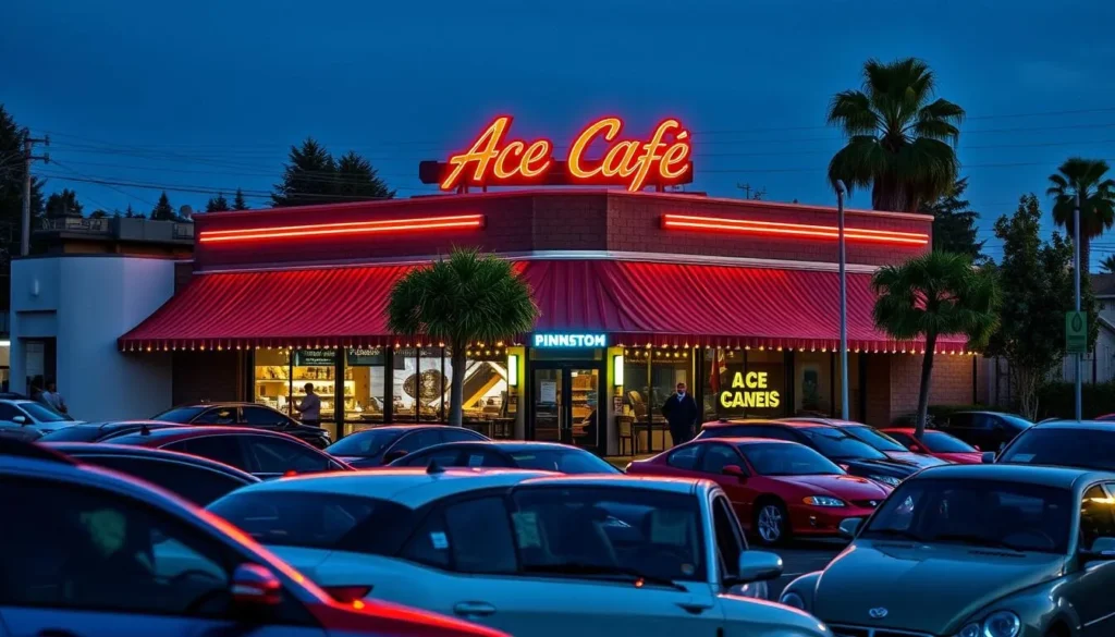 Generate an image of Ace Café's exterior, showcasing its iconic signage and bustling parking lot.