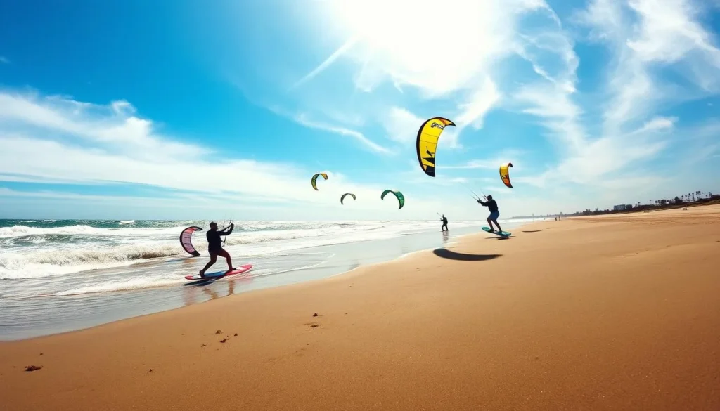 Generate an image of Adicora Beach with kitesurfers in action.