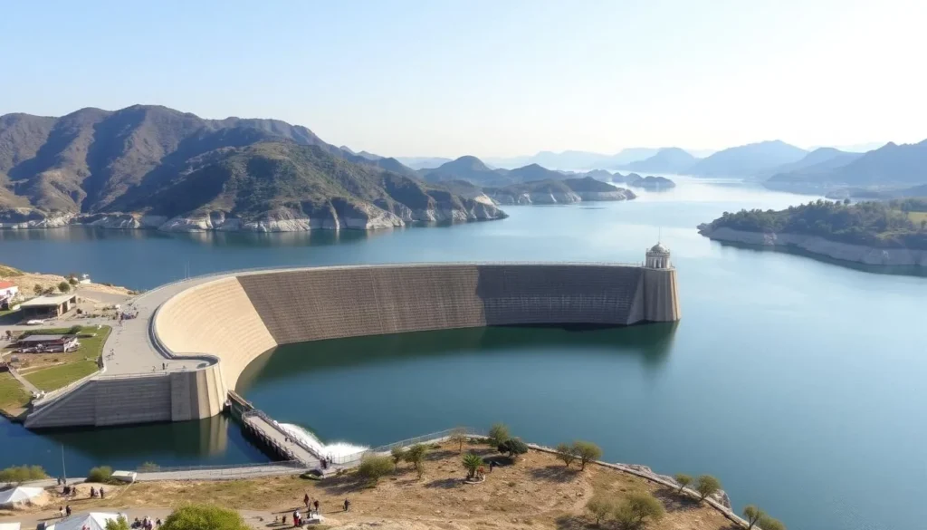 Generate an image of Aji Dam, highlighting its significance as a water reservoir and tourist spot.