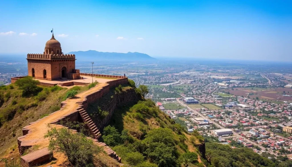 Generate an image of Ajinkyatara Fort, perched on a hilltop with a sweeping view of Satara city.