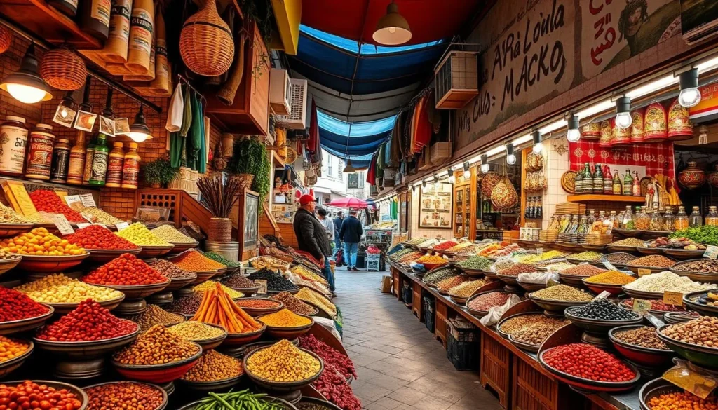Generate an image of Akko's vibrant souk with colorful spices and fresh produce.