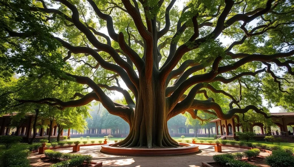 Generate an image of Akshay Vat Vatika, showcasing the ancient banyan tree and its surroundings.