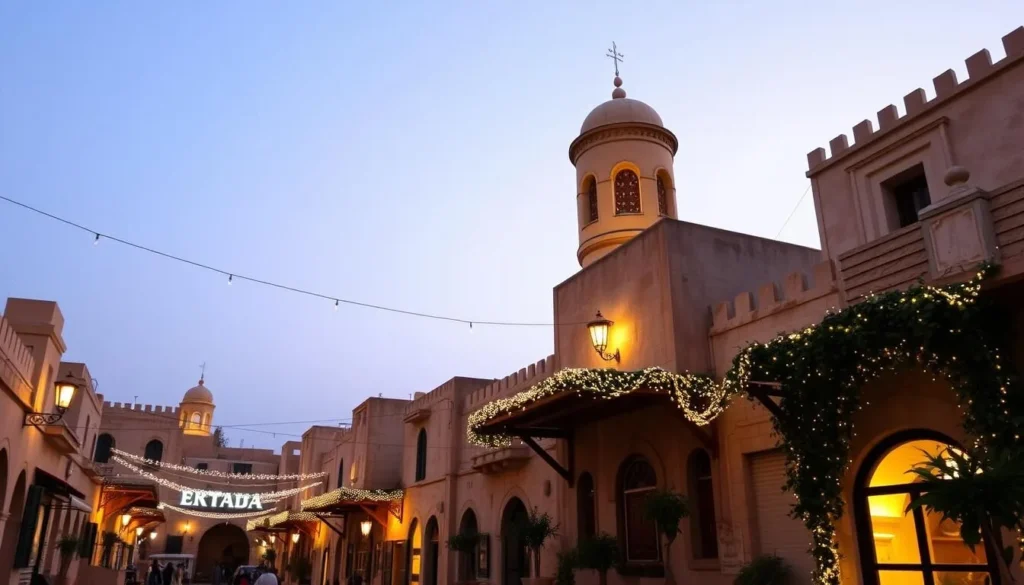 Generate an image of Al-Balad's historic streets at dusk, with traditional Hijazi architecture and decorative lights.