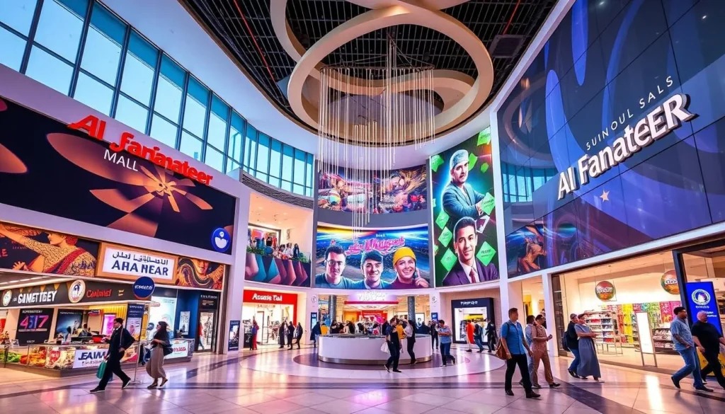 Generate an image of Al Fanateer Mall's modern interior with diverse stores and a cinema complex.