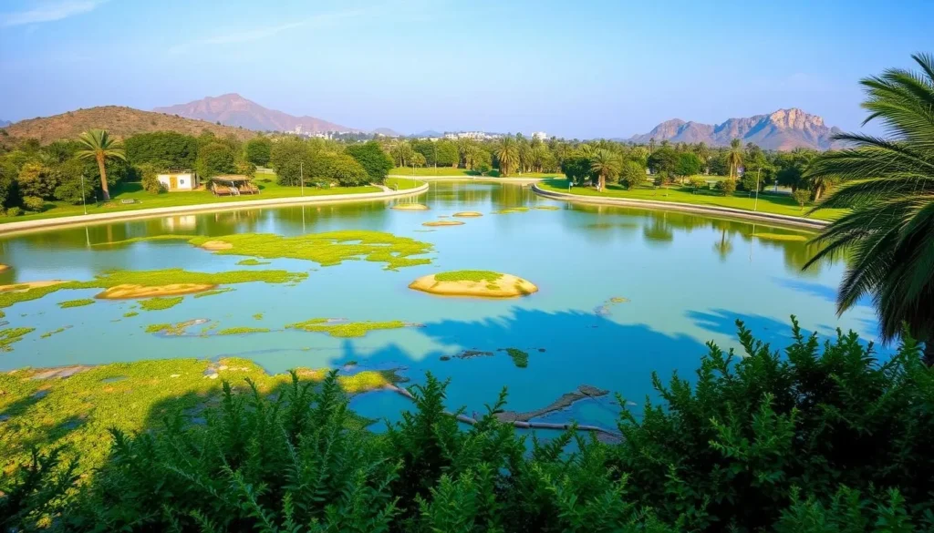 Generate an image of Al-Hawta Park in Ibb, Yemen, showcasing its serene atmosphere and greenery.