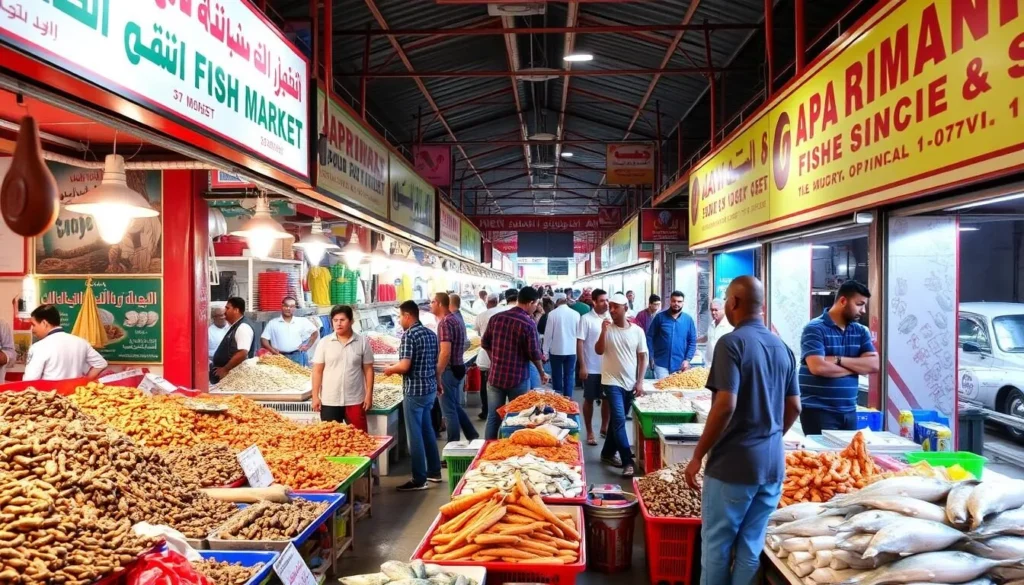 Generate an image of Al-Hudaydah Fish Market with vibrant colors and lively atmosphere