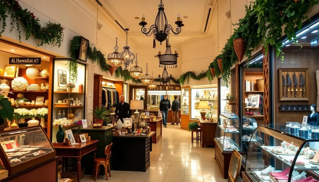 Generate an image of Al Huwailat Shopping Center's cozy interior with local boutiques and specialty shops.