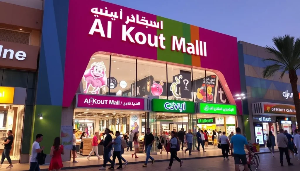 Generate an image of Al Kout Mall's exterior with a bustling atmosphere