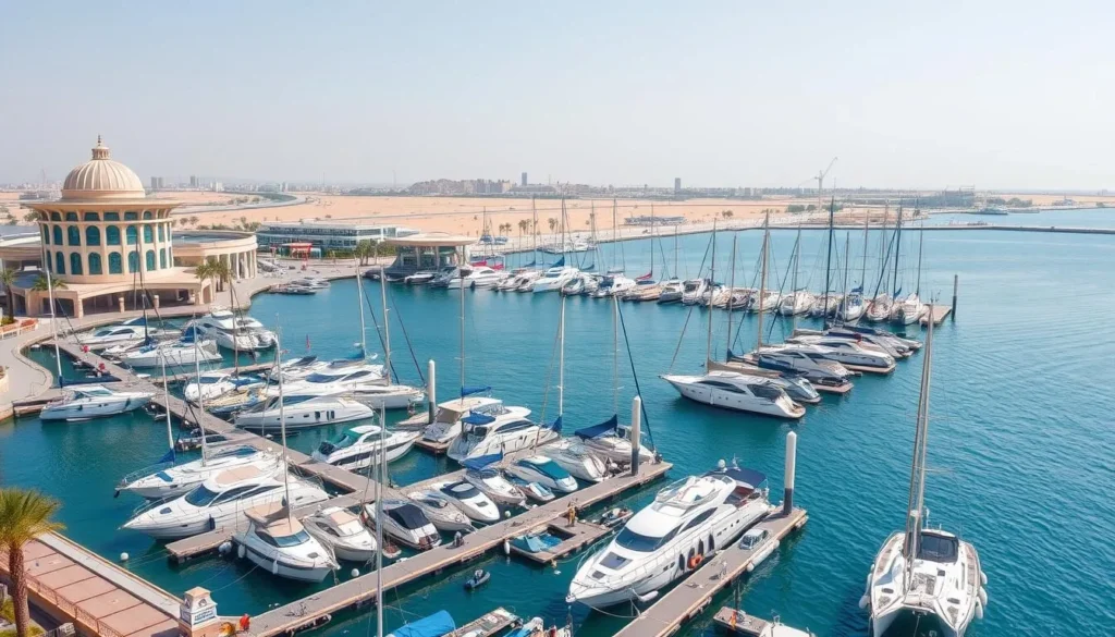 Generate an image of Al Kout Marina in Kuwait with boats and a scenic waterfront.