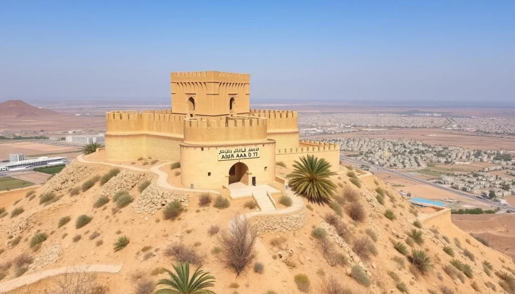 Generate an image of Al-Sahabi Castle perched on a hill, overlooking the city of Ibb, Yemen.