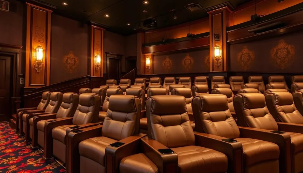 Generate an image of Alamo Drafthouse Cinema's interior, showcasing its comfortable reclining chairs and luxurious ambiance.