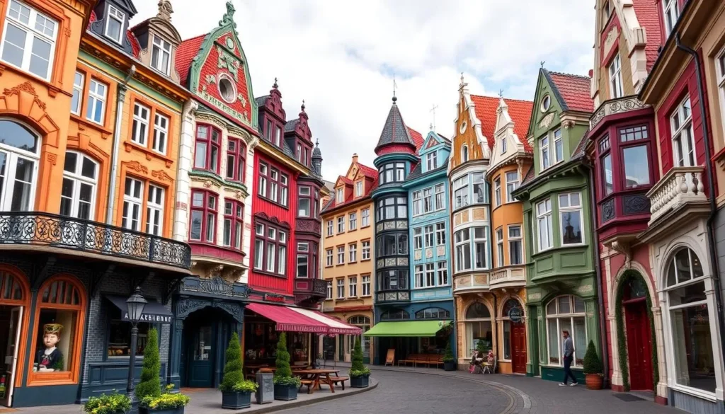 Generate an image of Alesund's downtown area showcasing Art Nouveau buildings.