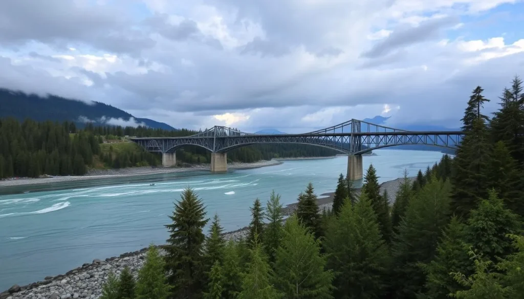 Generate an image of Alexandra Bridge Provincial Park with the Fraser River flowing beneath it.
