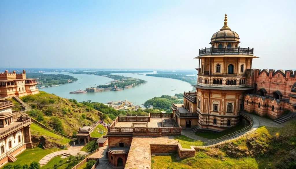 Generate an image of Allahabad Fort with the confluence of Yamuna and Ganga rivers in the background.