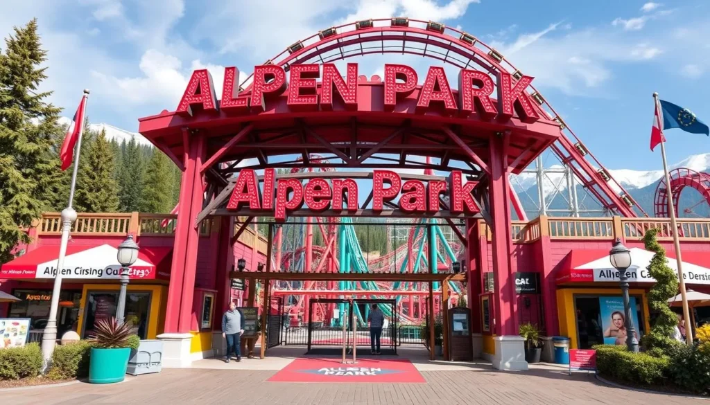 Generate an image of Alpen Park's main entrance with a thrilling roller coaster in the background.