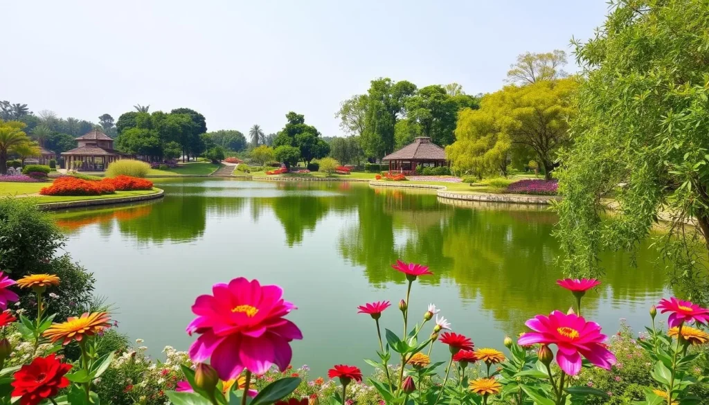 Generate an image of Ambazari Lake with its adjacent garden.