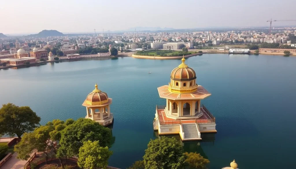 Generate an image of Ana Sagar Lake with baradari pavilions in the foreground and the surrounding cityscape in the background.