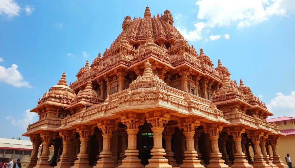 Generate an image of Angadipuram Temple's intricate carvings and vibrant atmosphere.