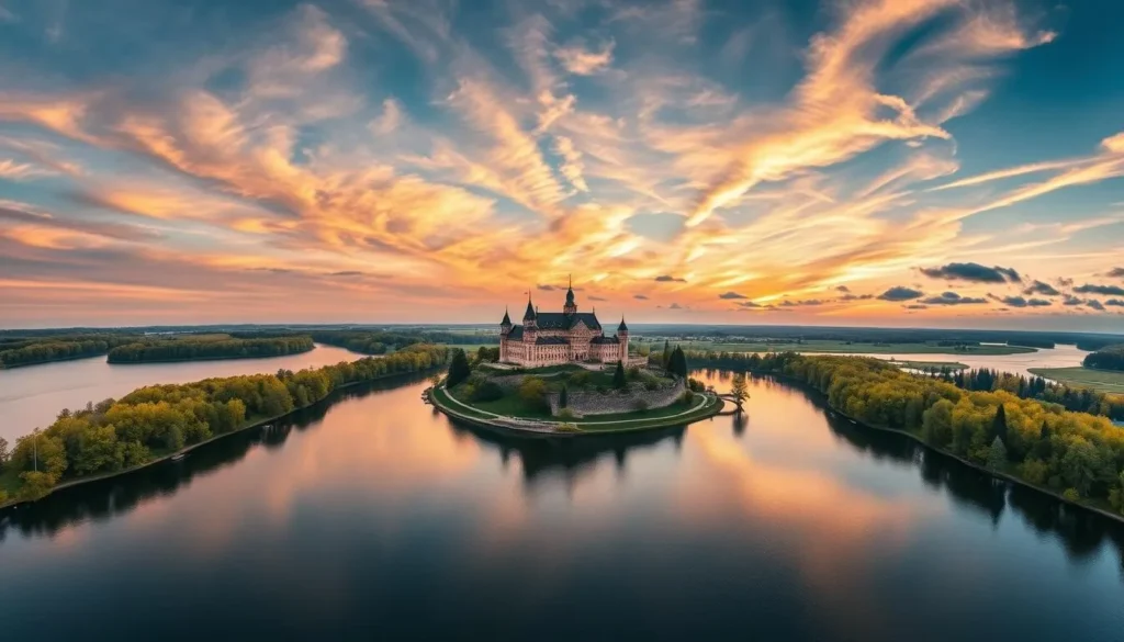 Generate an image of Angel Hill in Trakai with a panoramic view of the island castle and surrounding lakes at sunset.