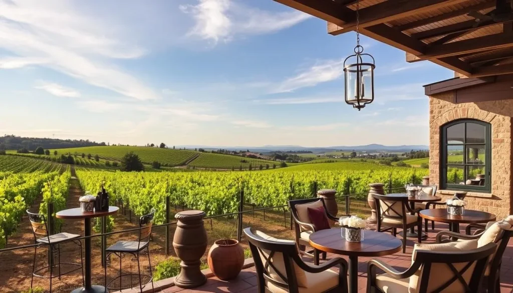 Generate an image of Anyela's Vineyards with a beautiful vineyard background and a wine tasting area.