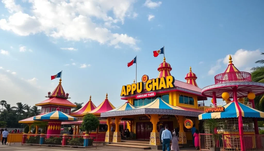 Generate an image of Appu Ghar in Nigdi, Pimpri-Chinchwad, showcasing its colorful theme park attractions.