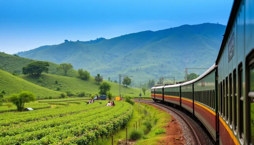 Generate an image of Araku Valley with coffee plantations and a train passing through the hills.