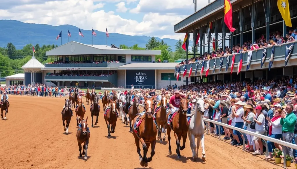Generate an image of Arapahoe Park during a horse racing event