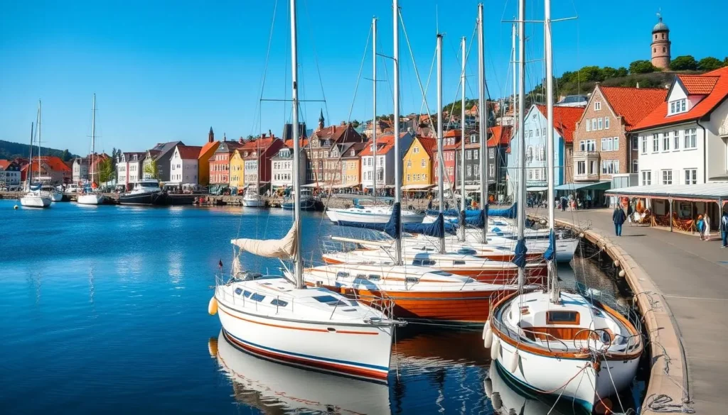 Generate an image of Arendal's waterfront with its iconic sailboats.