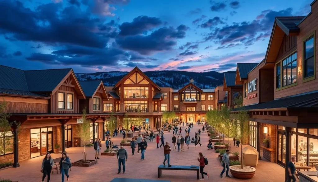 Generate an image of Aspen Grove Shopping Center, an outdoor lifestyle center in Littleton, Colorado, featuring mountain-inspired architecture and a pedestrian-friendly layout.