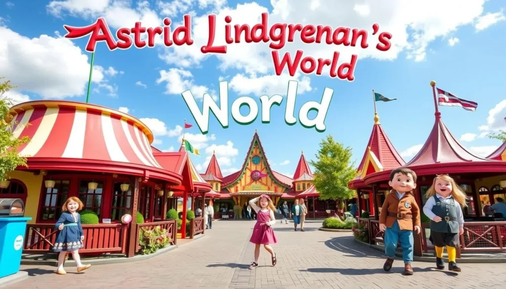 Generate an image of Astrid Lindgren's World theme park with iconic characters