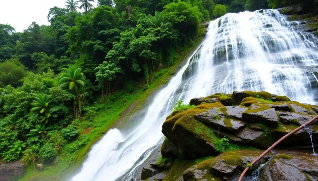 Generate an image of Athirappilly Waterfalls with lush green surroundings and a significant drop.