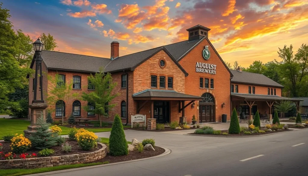 Generate an image of August Schell's Brewery in New Ulm, Minnesota, showcasing its historic building and beautiful grounds.