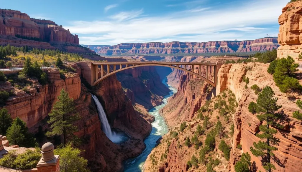 Generate an image of Ausable Chasm viewed from Rainbow Bridge, showcasing the gorge and waterfalls.