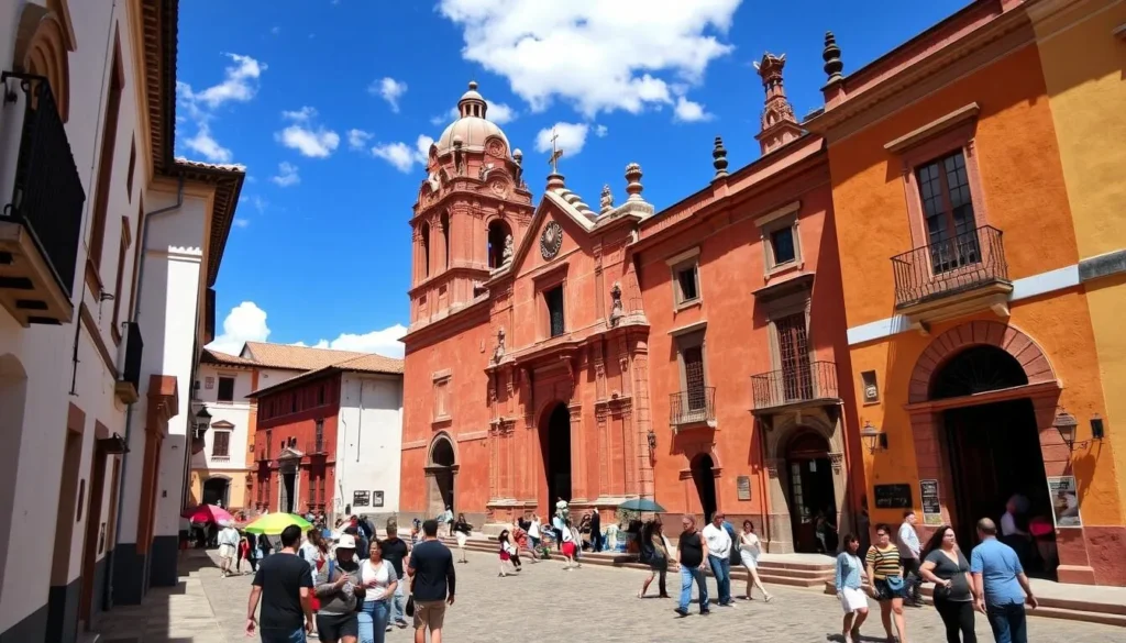 Generate an image of Ayacucho's historic center with its colonial churches and Plaza de Armas.