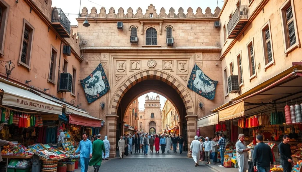 Generate an image of Bab Al-Yemen, the historic gateway to Sanaa's Old City, with vibrant market scenes on both sides.