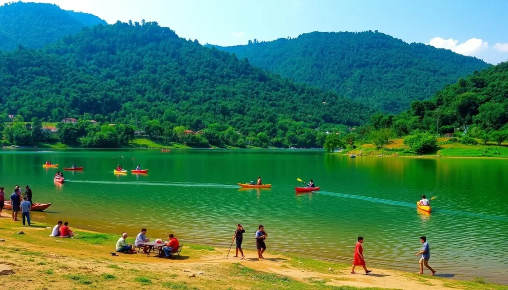 Generate an image of Badkhal Lake with surrounding greenery and people engaging in recreational activities.