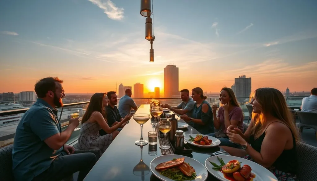 Generate an image of Bar16 on the rooftop of the B Hotel with patrons enjoying cocktails and food during sunset.
