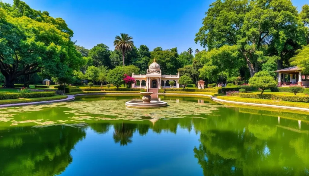 Generate an image of Baradari Gardens with its lush greenery and a serene lake.