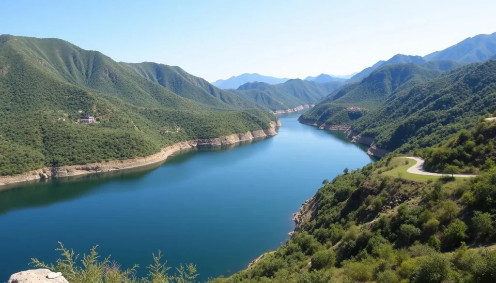 Generate an image of Bargi Dam with a serene reservoir and surrounding hills.