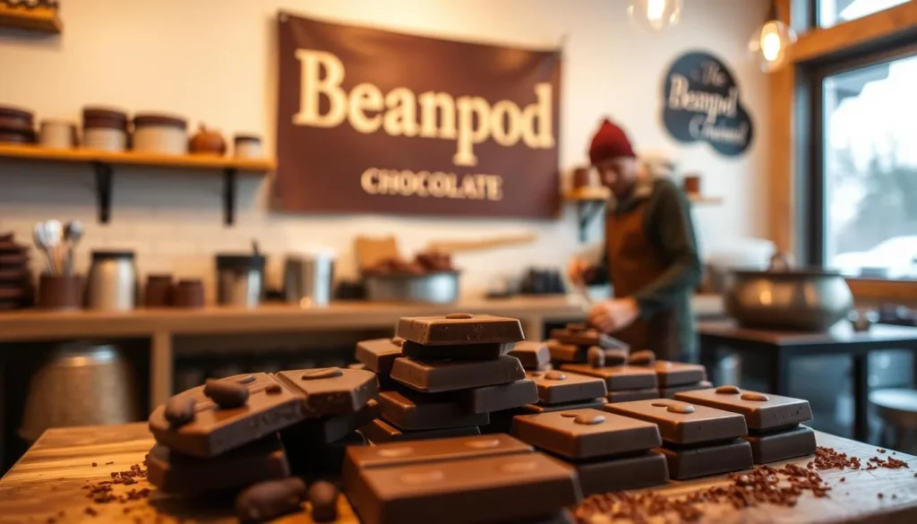 Generate an image of Beanpod Chocolate in Fernie, showcasing their traditional chocolate-making process.