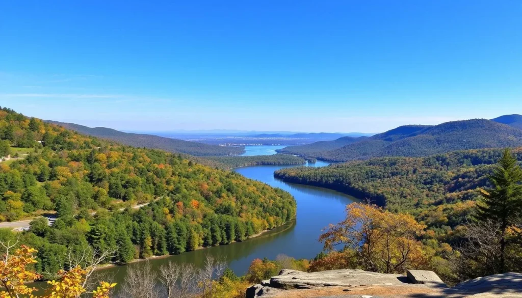 Generate an image of Bear Mountain State Park with the Hudson River in the background