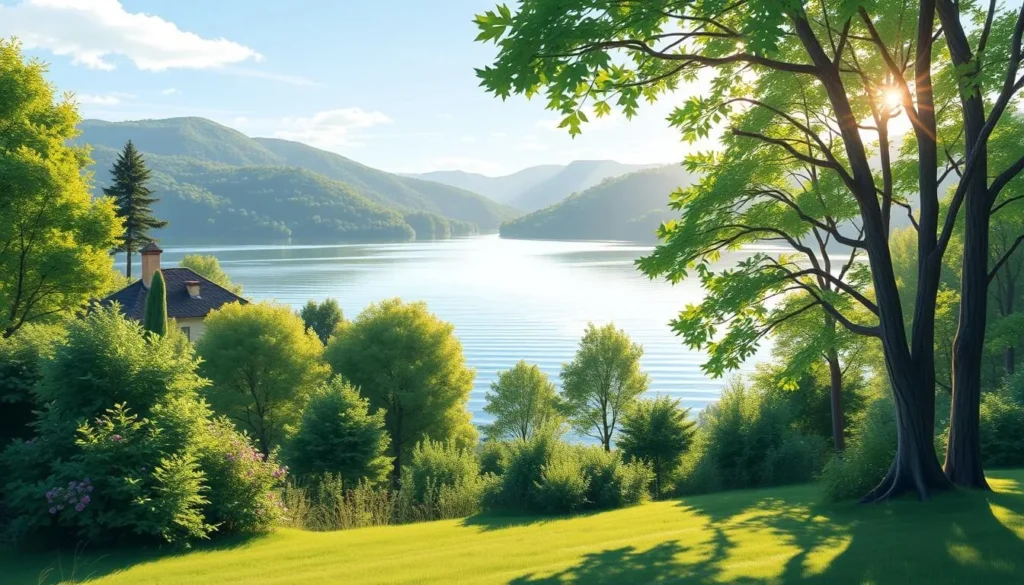 Generate an image of Bella Lake Resort with a serene lake view.