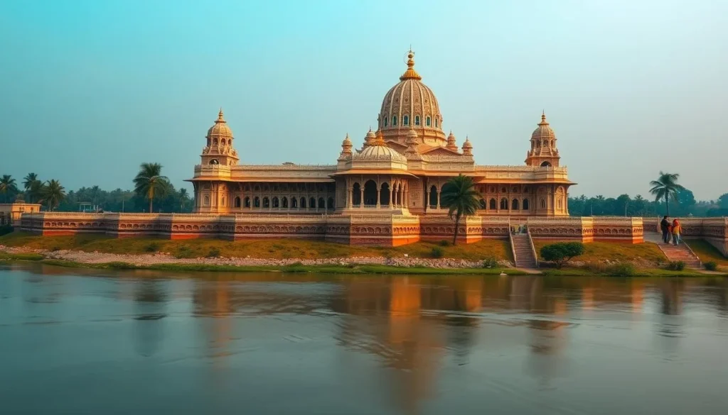 Generate an image of Belur Math with the serene Hooghly River in the background.